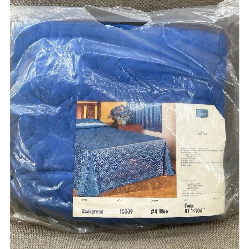 VTG Sears Quilted Bedspread Blue Twin 80”X 110” Made In USA Sutton Ensemble